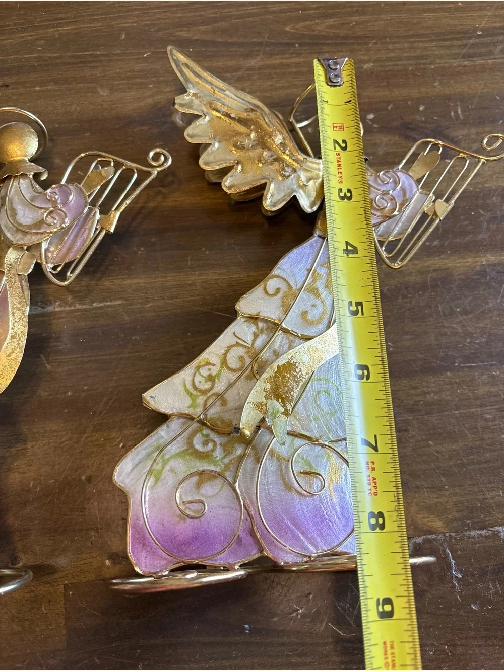 Vintage Holiday Capiz Shell Angel Gold Set 2 Harp Christmas Iridescent Whimsy